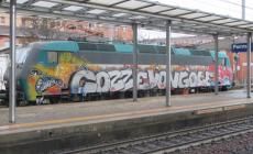 Il treno merci "cozze e vongole" fermo alla stazione di Parma: un accostamento &laquo;naif&raquo; di un writer
