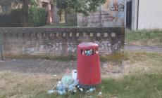 Bidone della  spazzatura pieno da tempo al parco 9 Ottobre - Foto