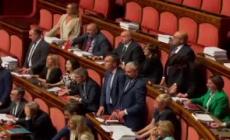 Premierato, i senatori dell'opposizione sventolano la Costituzione in Aula