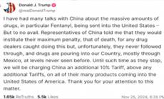 Trump su Truth: "Dazi del 10% a Cina contro traffico di droga negli Usa"
