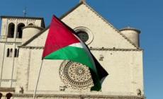 Bandiere della Palestina sul prato davanti alla Basilica di Assisi