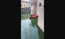 Fontanellato, il recupero del merlo caduto nel fossato della rocca  -  Foto 