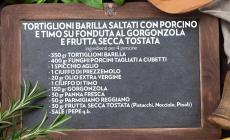 Tortiglioni Barilla saltati con porcino e timo, su fonduta al gorgonzola e frutta secca tostata