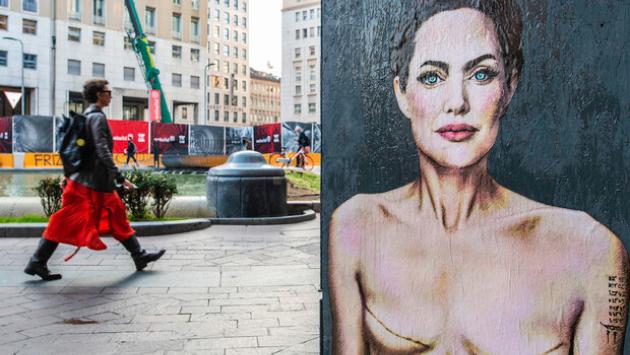 Tumori: Angelina Jolie con segni mastectomia. Un murales a Milano