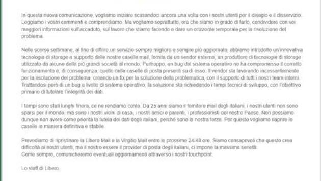 Blackout Libero e Virgilio, Italiaonline: "Ripristino mail in 24/48 ore". Confconsumatori ha inviato una diffida: " Pronti a segnalare all’Antitrust"