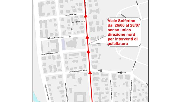 Modifiche alla viabilità in via Solferino per rifacimento del fondo stradale. Il cantiere si articola in due fasi dal 26 giugno al 10 luglio. 