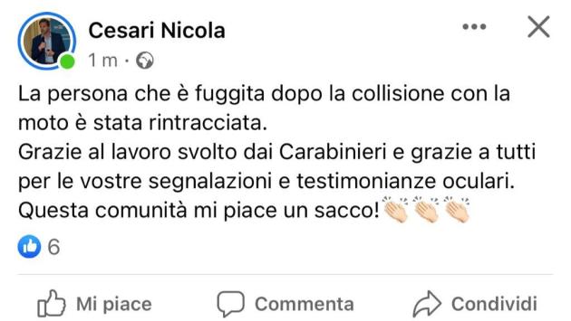 Cesari: "Preso il pirata della strada di sabato..."