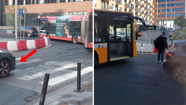 Macchina blocca il traffico sul piazzale dietro la stazione