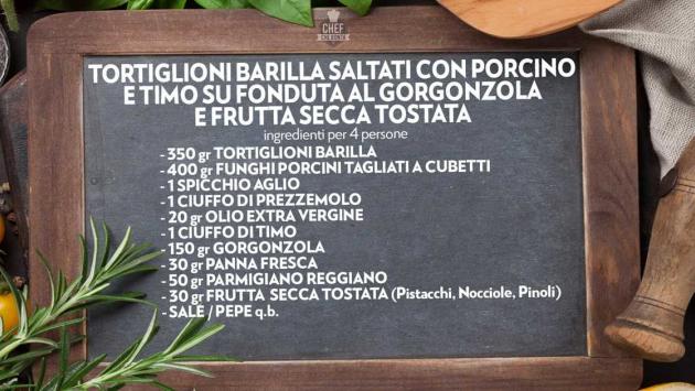 Tortiglioni Barilla saltati con porcino e timo, su fonduta al gorgonzola e frutta secca tostata