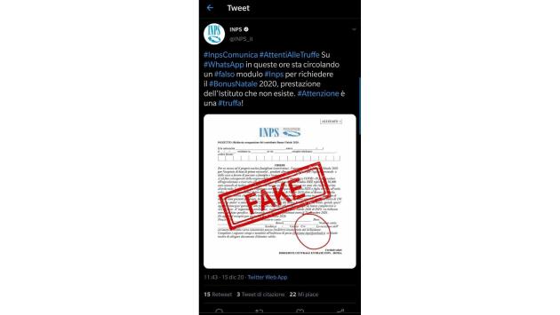 L'inesistente Bonus Natale Inps e il modulo fake che gira su Whatsapp e web