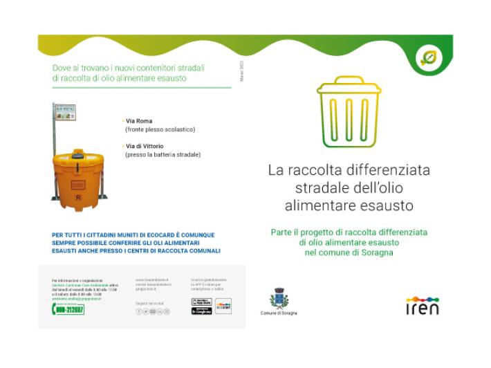 Comunicato Stampa - SORAGNA: PARTE LA RACCOLTA DEGLI OLI ALIMENTARI ESAUSTI
