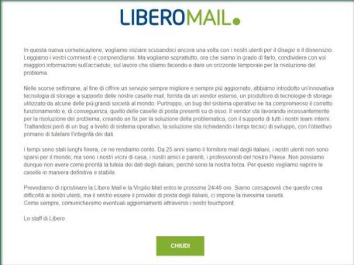 Blackout Libero e Virgilio, Italiaonline: "Ripristino mail in 24/48 ore". Confconsumatori ha inviato una diffida: " Pronti a segnalare all&rsquo;Antitrust"