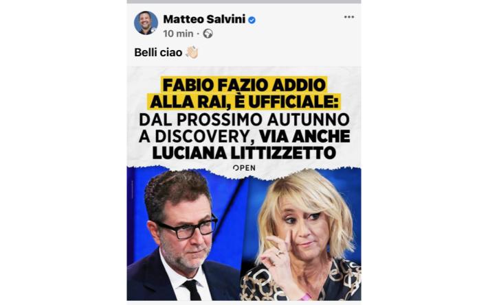 Fabio Fazio e la Littizzetto lascia la Rai e passa a Discovery . Salvini fa un post: "Belli ciao"