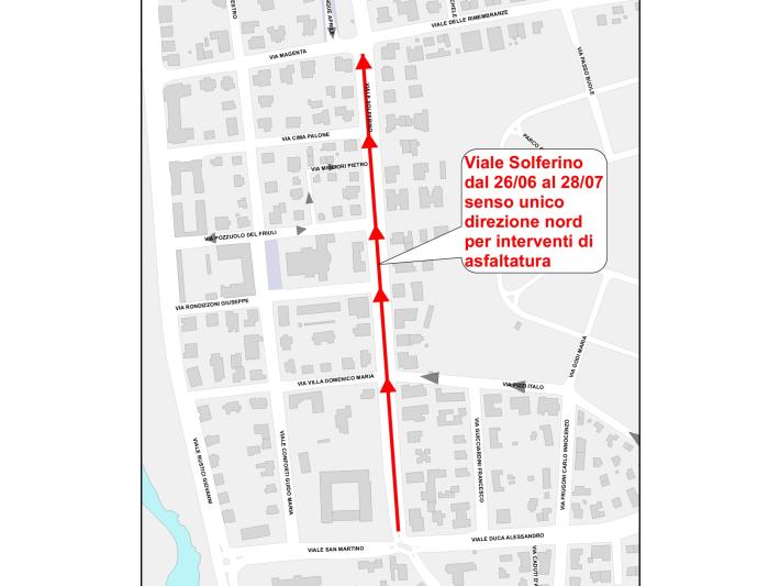 Modifiche alla viabilit&agrave; in via Solferino per rifacimento del fondo stradale. Il cantiere si articola in due fasi dal 26 giugno al 10 luglio. 
