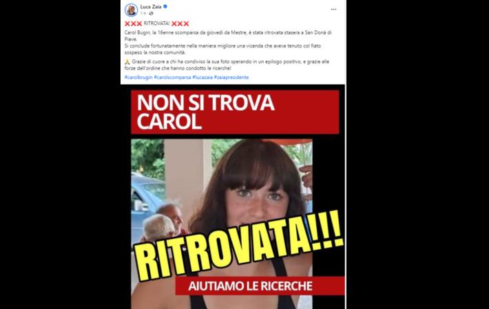 Ritrovata la 16enne Carol Bugin. Zaia: "Si conclude nella maniera migliore una vicenda che aveva tenuto col fiato sospeso la nostra comunit&agrave;"