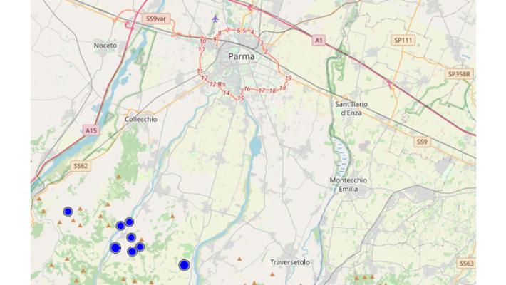 Otto scosse oggi nella Pedemontana e in Val Parma. L'ultima alle 17:03 a Felino di 2.2. 