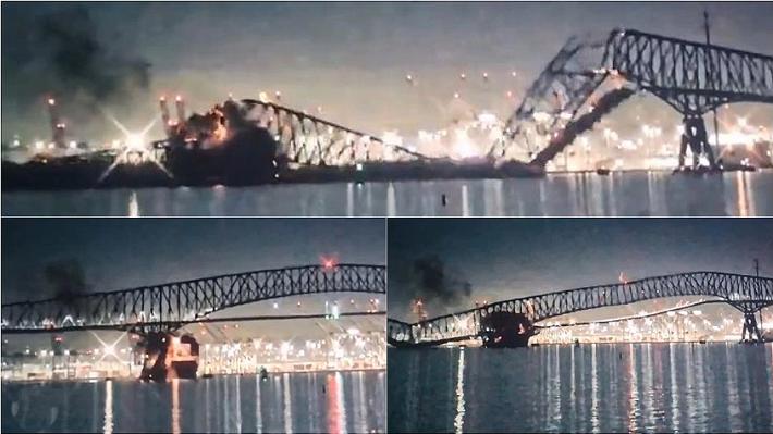 La nave urta il ponte e si incendia a Baltimora: il video del crollo 