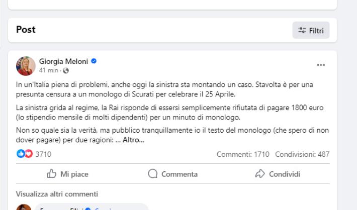 Caso Scurati, la Meloni: "&laquo;Pubblico io il testo di Scurati. Che spero di non dover pagare..."  - Leggi il testo