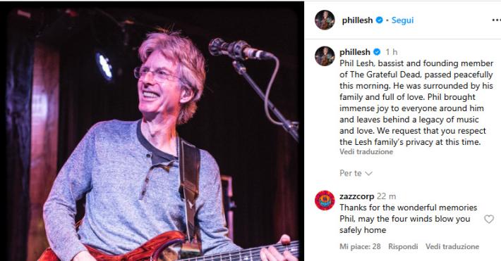 E' morto Phil Lesh, fond&ograve; i Grateful Dead: aveva 84 anni