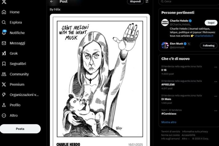 Nuova provocazione "italiana" per Charlie Hebdo: Meloni con il saluto romano mentre allatta Musk