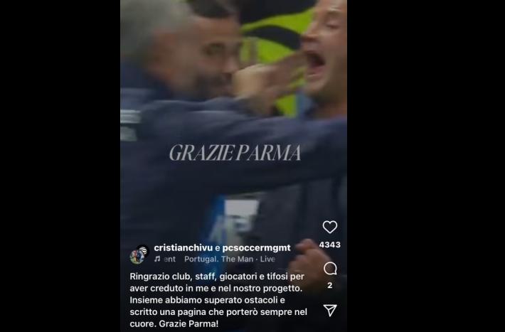 "Grazie Parma", con un messaggio social, (l'ex allenatore crociato) Chivu ringrazia la piazza giallobl&ugrave;