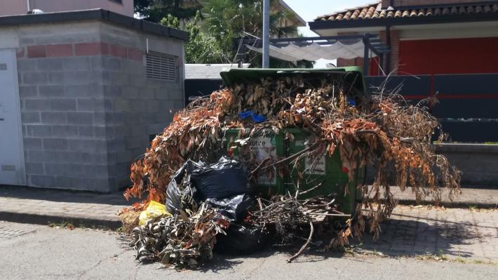 Via Battistini, il cassonetto del verde straripa: "E' cos&igrave; da un mese"