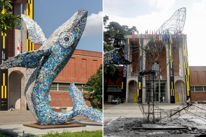 Bruciata la balena della Triennale, preso il piromane