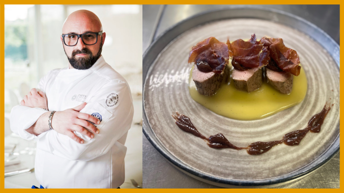 Filetto di maiale, crema di patate, fichi al cacao e prosciutto