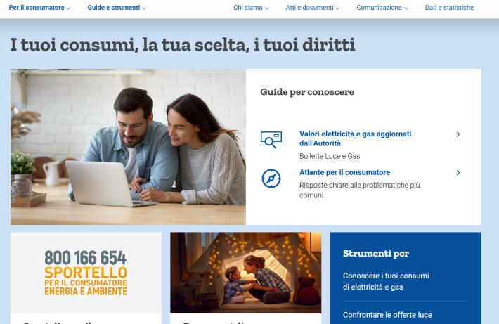 La home page del sito www.arera.it  