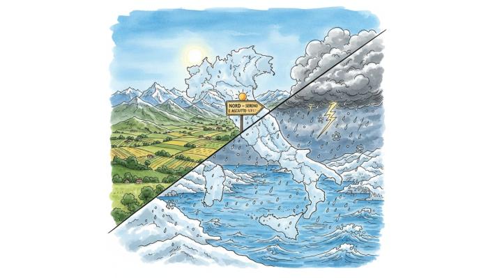 Italia divisa in due, tempo stabile e asciutto al Nord e pioggia e neve al sud