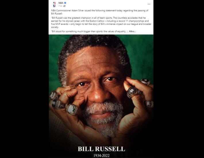 Addio alla leggenda del basket Bill Russell, l'uomo pi&ugrave; vincente in Nba della storia