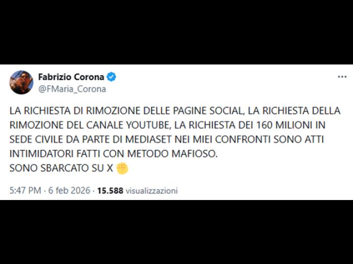 Fabrizio Corona entra su X e attacca ancora Mediaset