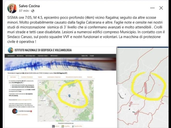 Protezione civile regionale, 'a Ragalna lesioni a edifici, anche al Municipio'