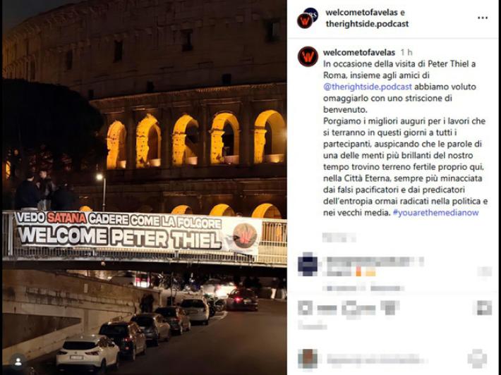 Peter Thiel a Roma, striscione al Colosseo 'benvenuto'