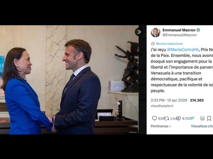 Machado incontra Macron che d&agrave; il suo sostegno alla transizione in Venezuela