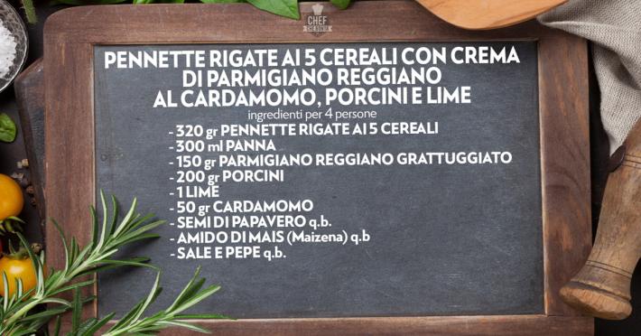 Pennette rigate ai 5 cereali con crema di parmigiano reggiano al cardamomo, porcini e lime  - Video