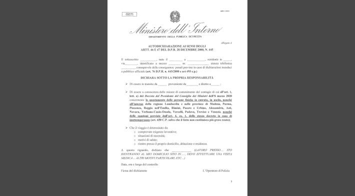 Ecco il modulo di  autodichiarazione per gli spostamenti