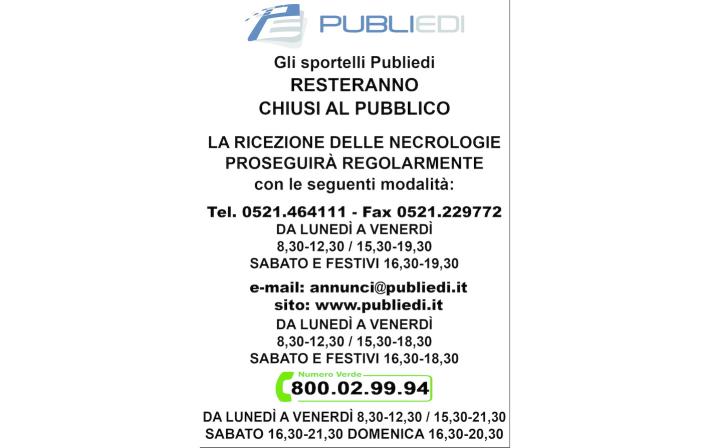 Chiusi gli uffici della Publiedi, necrologi e annunci si ricevono via telefono e mail