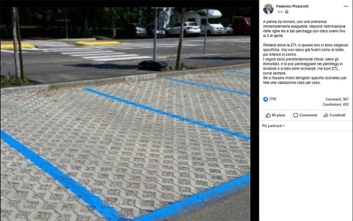 (Ordinanza del sindaco) Eliminate le righe blu e il disco orario fino al 3 aprile