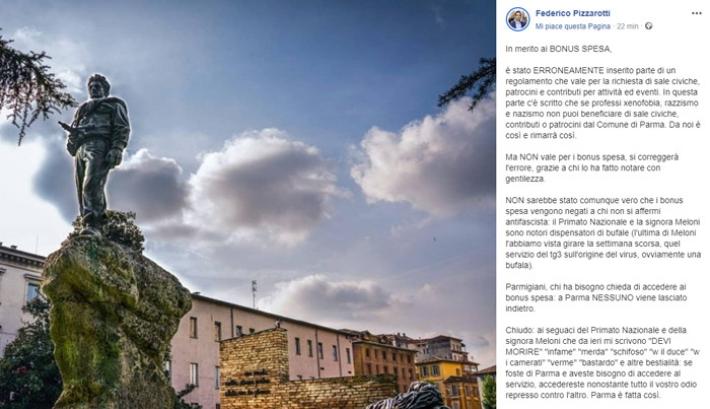 Pizzarotti: 'E' stato un errore: per il bonus spesa non serve dichiararsi antifascisti'