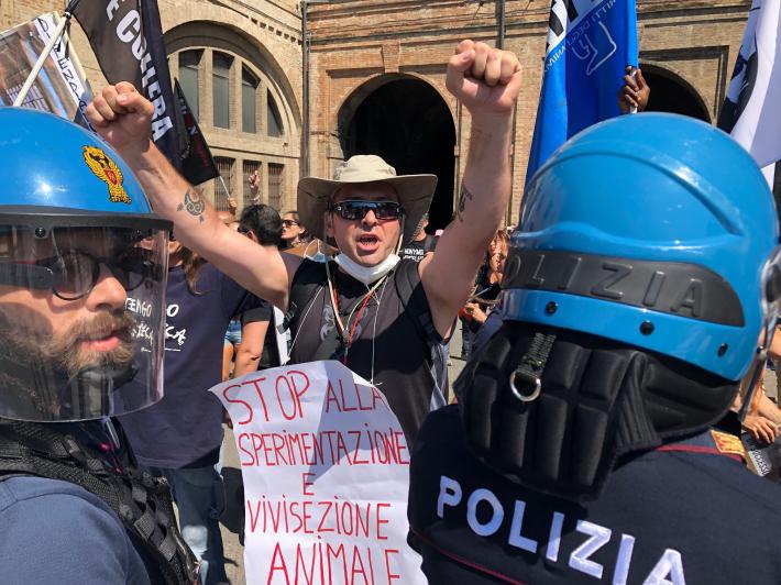 Tensione alla manifestazione per i macachi