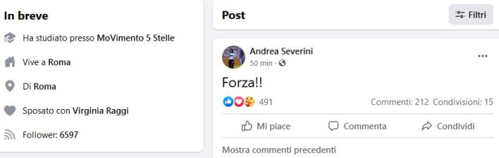 Il marito di Virginia Raggi su Facebook: "Forza!"