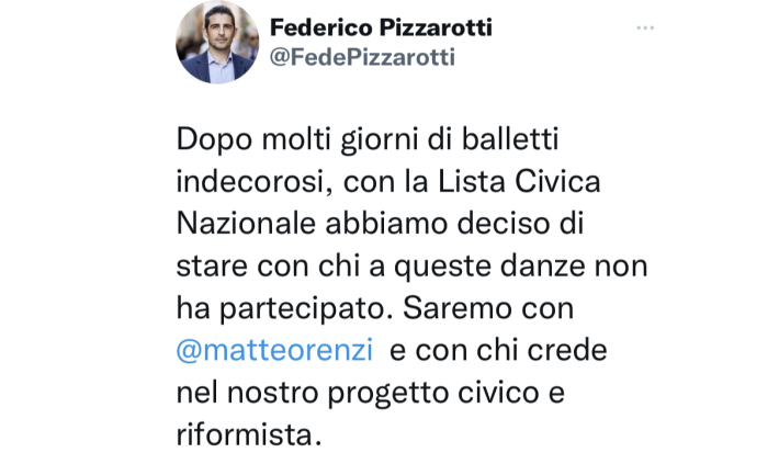 Pizzarotti: "La lista civica nazionale corre con Italia Viva (Renzi)"