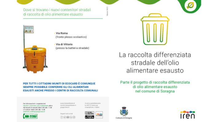 Comunicato Stampa - SORAGNA: PARTE LA RACCOLTA DEGLI OLI ALIMENTARI ESAUSTI