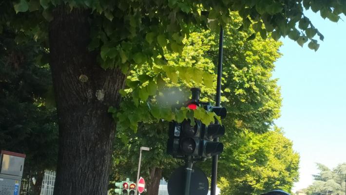 A Parma, il semaforo che gioca "ala scondróla" in italiano sarebbe a "nascondino"