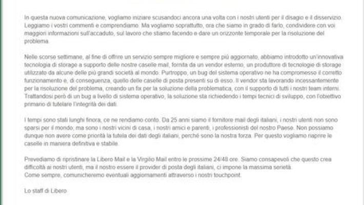 Blackout Libero e Virgilio, Italiaonline: "Ripristino mail in 24/48 ore". Confconsumatori ha inviato una diffida: " Pronti a segnalare all’Antitrust"
