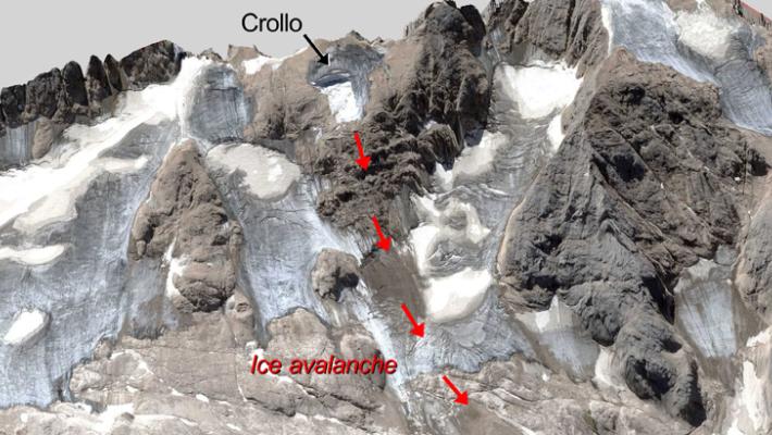 Crollo della Marmolada: fu l’enorme volume d’acqua intrappolato nel ghiacciaio a determinare il collasso