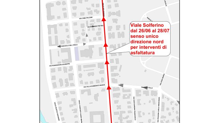 Modifiche alla viabilità in via Solferino per rifacimento del fondo stradale. Il cantiere si articola in due fasi dal 26 giugno al 10 luglio. 