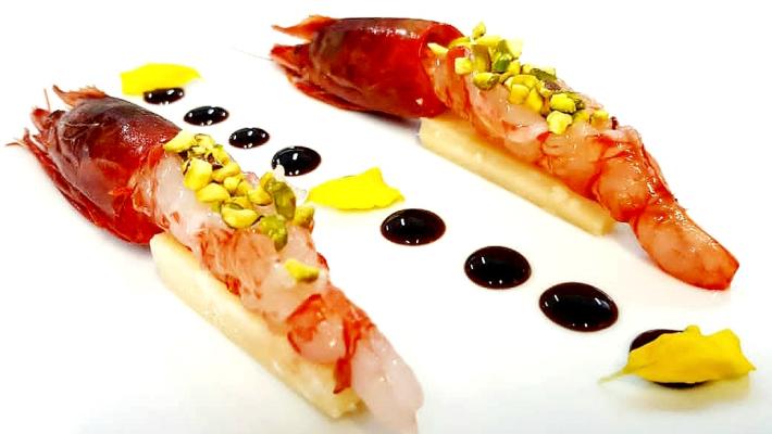 Gamberi rossi, Parmigiano, bargnolino e pistacchi