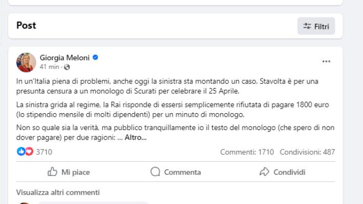 Caso Scurati, la Meloni: "«Pubblico io il testo di Scurati. Che spero di non dover pagare..."  - Leggi il testo